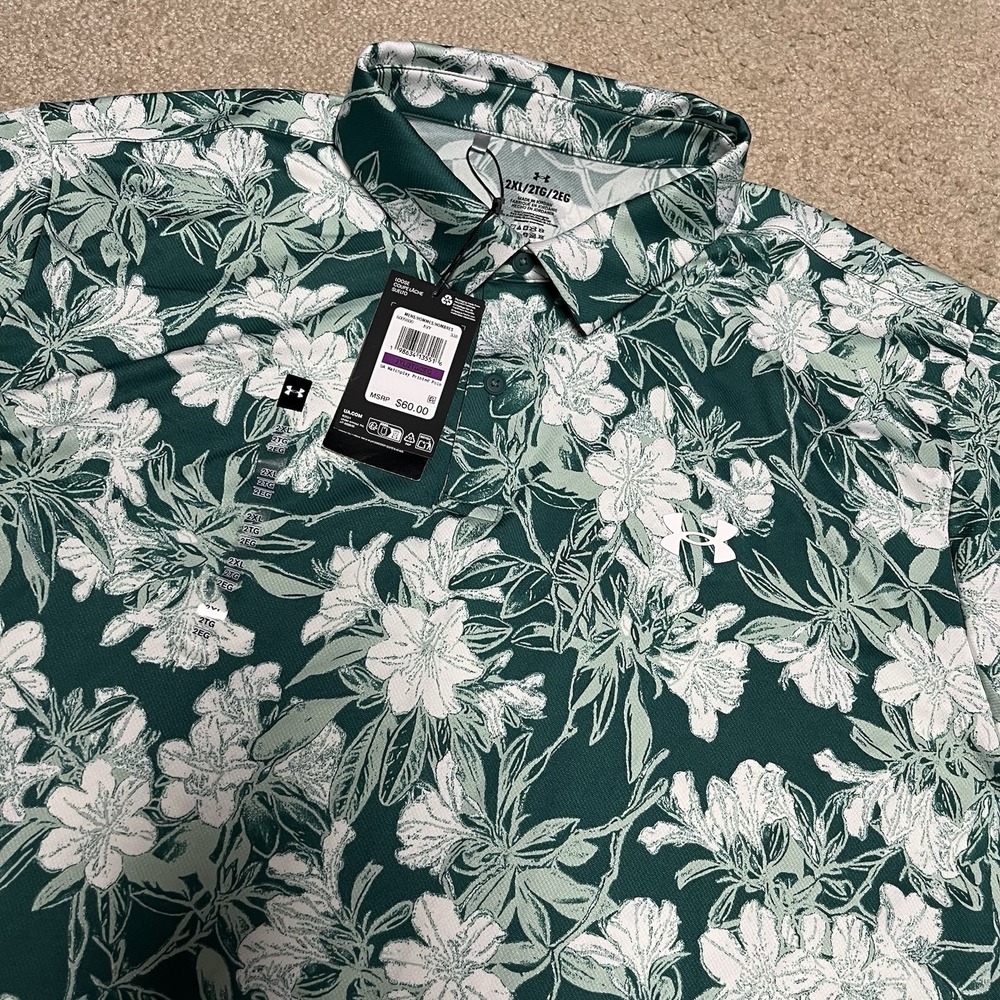 Under Armour Matchplay Polo Shirt 2XL Green Floral Azalea UPF 40 Golf Shirt New
